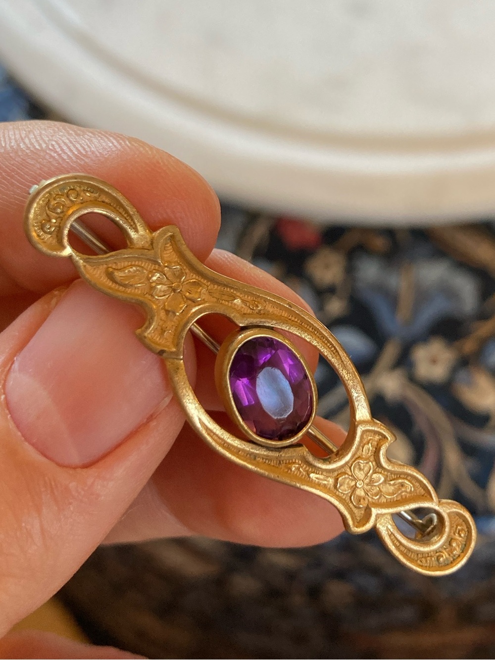 Antique Victorian Amethyst Paste Engraved Floral Gold-Filled Brooch